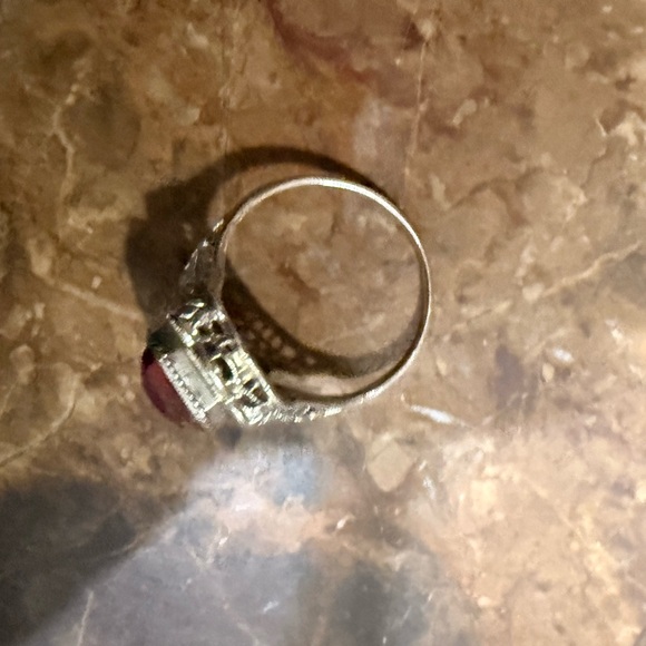 Antique 14kt lace filigree white gold Ring with a synthetic ruby - Picture 3 of 16